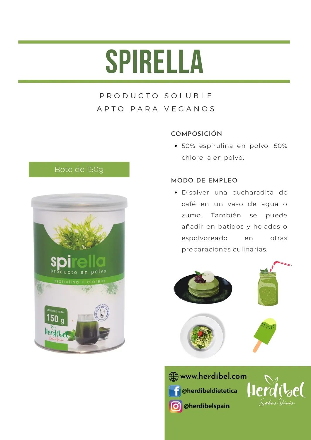 Herdibel Spirella pulver 150 g spirulina chlorella