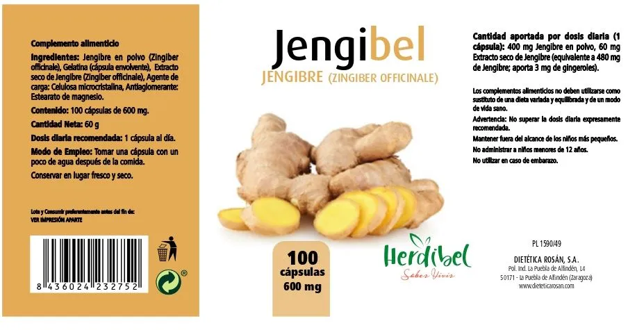 Herdibel Jengibel ingefära 100 kapslar matsmältning