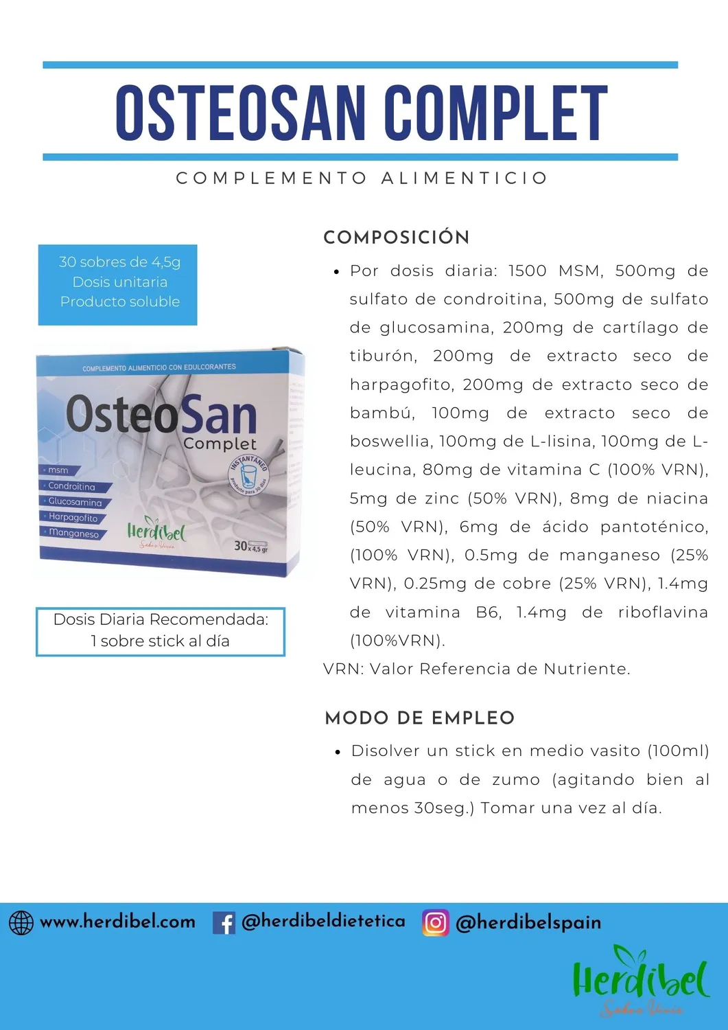Herdibel Osteosan Complet ledtillskott 30 sticks MSM