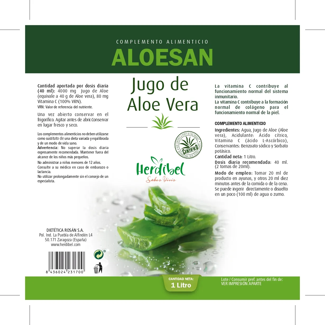 Herdibel Aloesan aloe vera dryck 1 liter mild