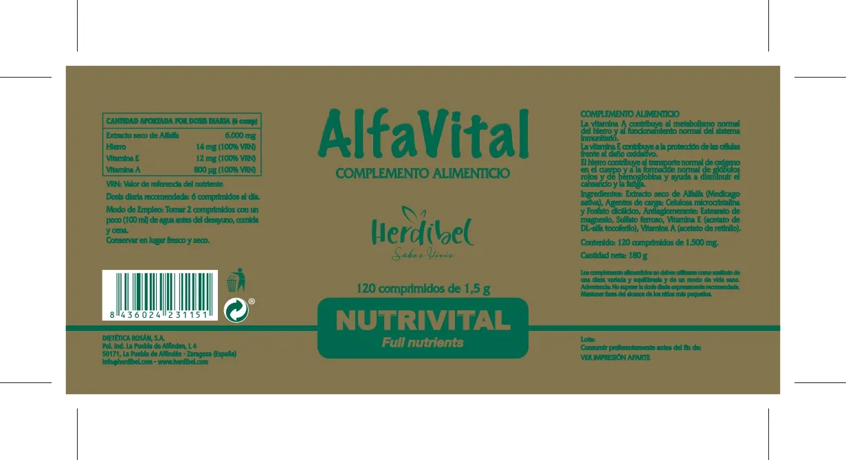 Herdibel AlfaVital kosttillskott 120 tabletter alfalfa