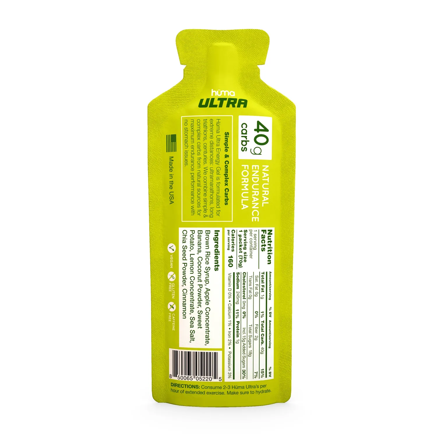 Hüma Ultra energigel äppelpaj 1-pack 40 g kolhydrater