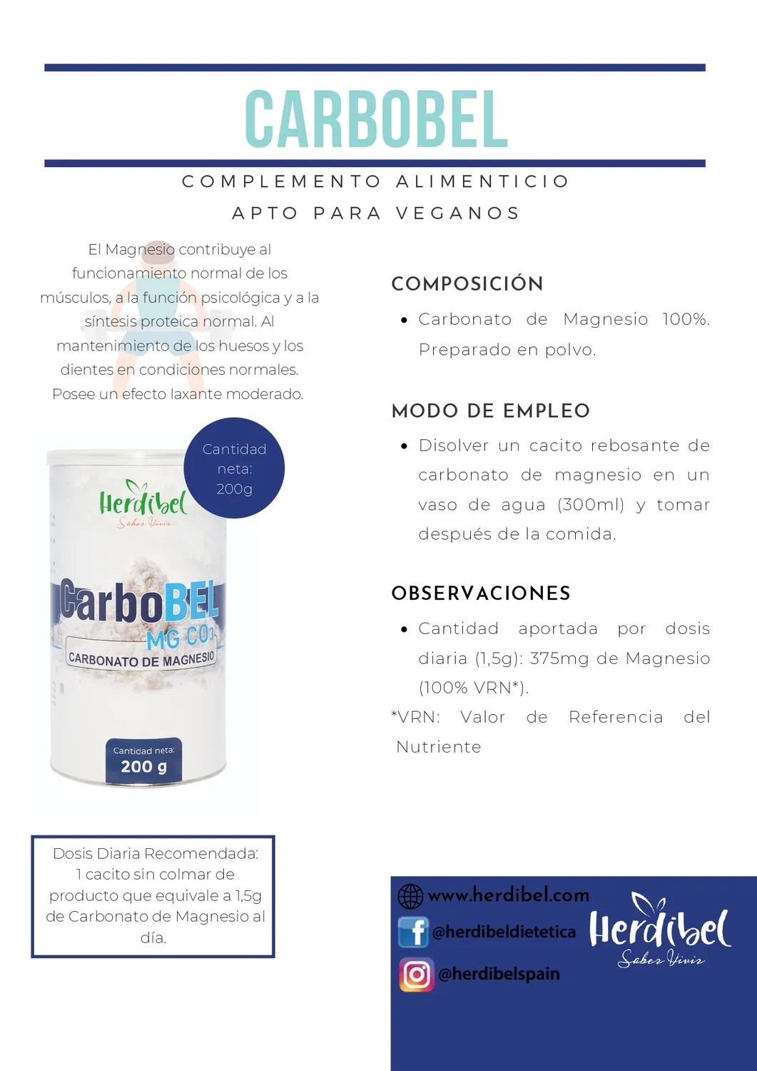 Herdibel Carbobel MgCO3 magnesiumpulver 200 g vegan