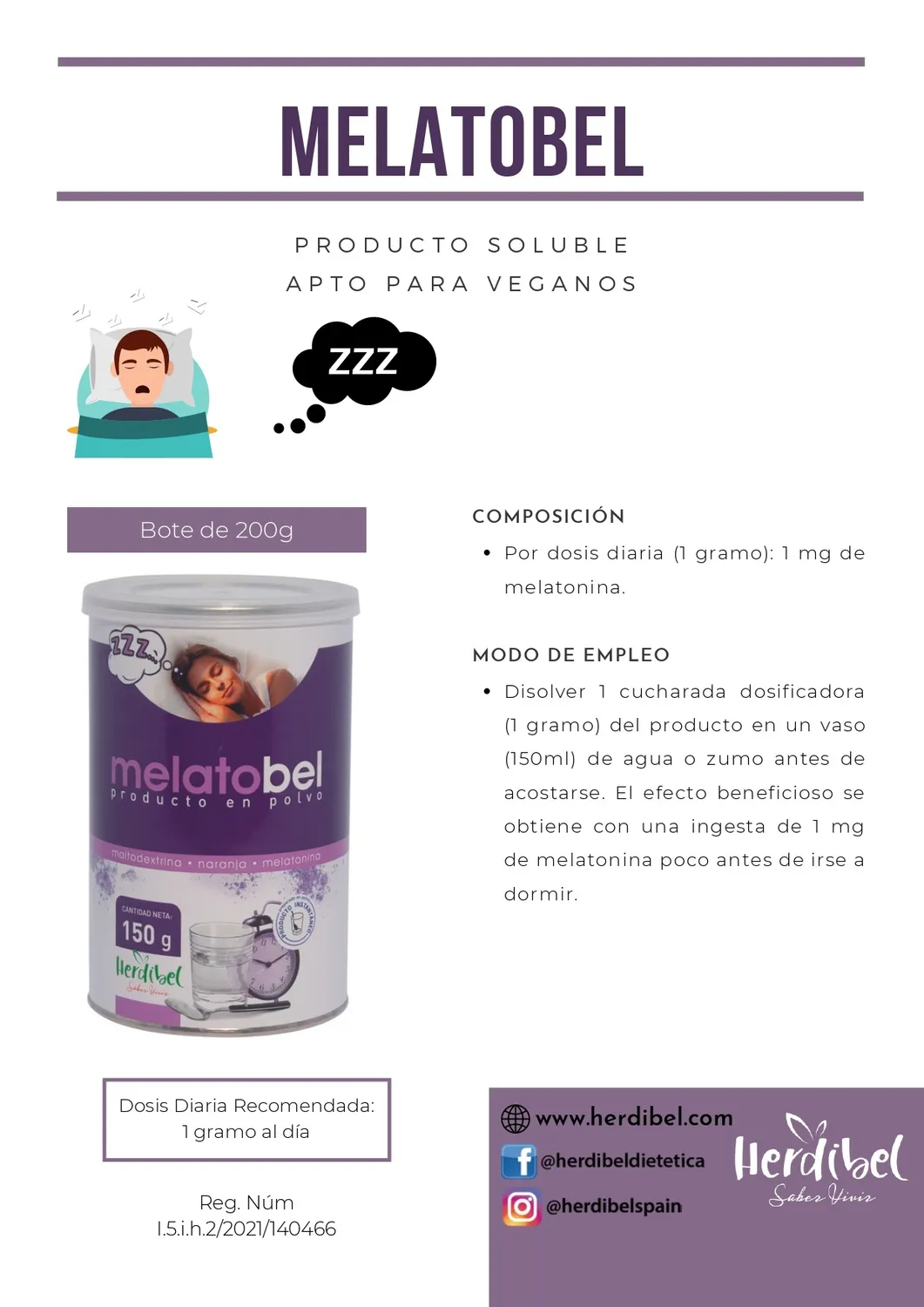 Herdibel Melatobel pulver 150 g melatonin vegansk