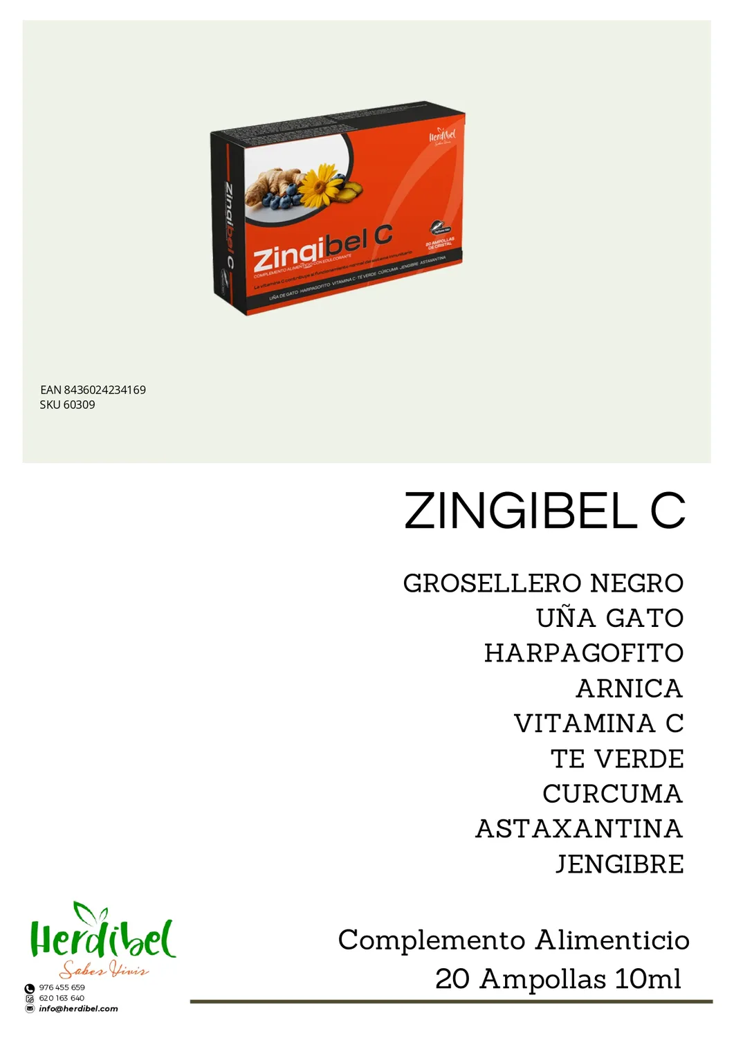 Herdibel Zingibel C kosttillskott 20 ampuller 10 ml ingefära