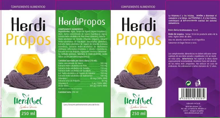 Herdibel Herdipropos sirap 250 ml hals honung