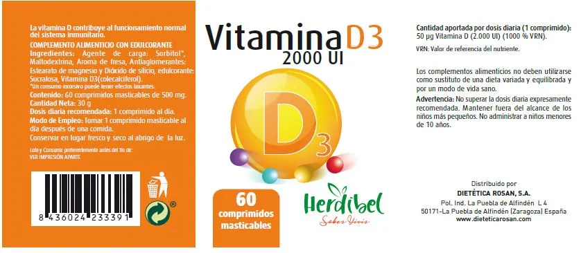 Herdibel D3 2000 IE tuggtabletter 60 st jordgubb